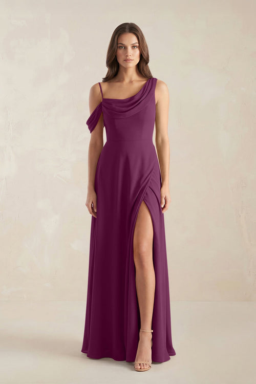 One-Shoulder Chiffon A-Line Bridesmaid Dress in Fig - KissProm BRIDESMAID DRESSES