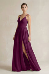 A-Line Spaghetti Strap Chiffon Bridesmaid Dress in Fig - KissProm BRIDESMAID DRESSES