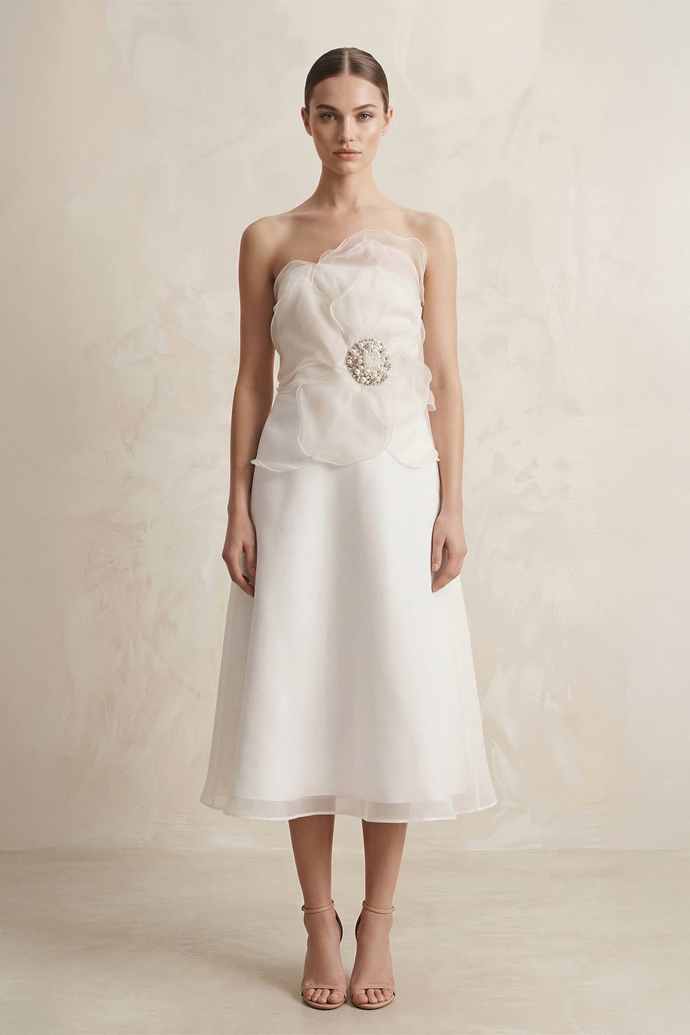 KissProm |Chiffon Flower Strapless A-Line Midi Wedding Dress in Ivory KissProm |Chiffon Flower Strapless A-Line Midi Wedding Dress in Ivory