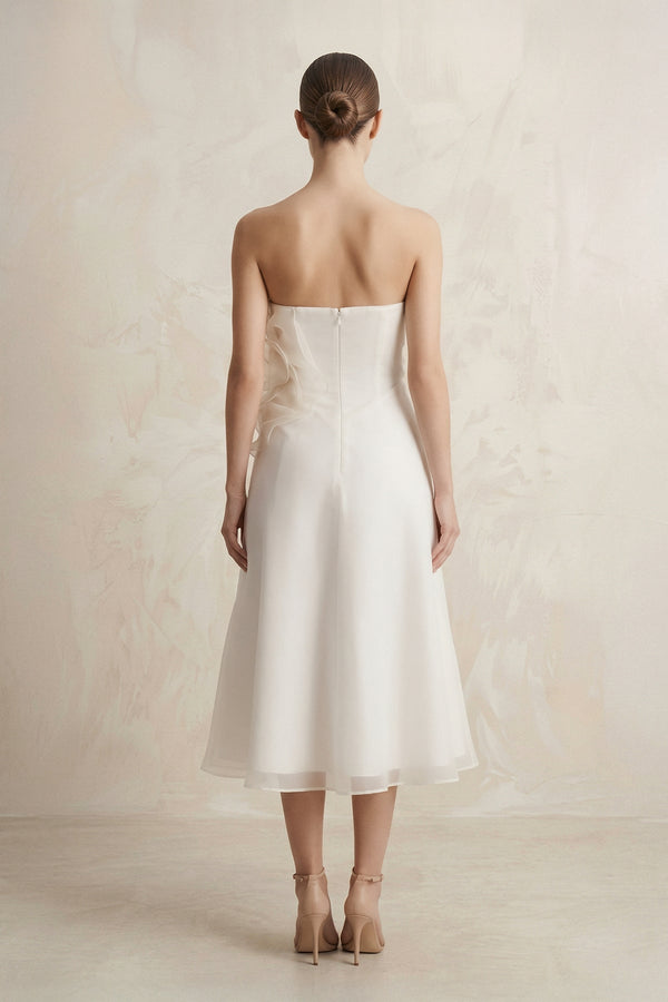 Chiffon Flower Strapless A - Line Midi Wedding Dress in Ivory - KissProm Wedding Dresses