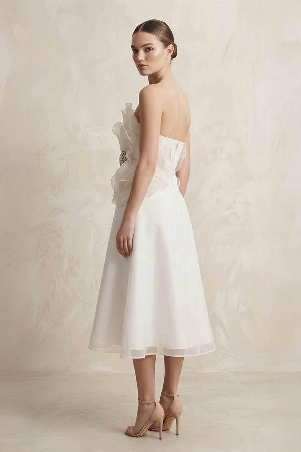 Chiffon Flower Strapless A - Line Midi Wedding Dress in Ivory - KissProm Wedding Dresses