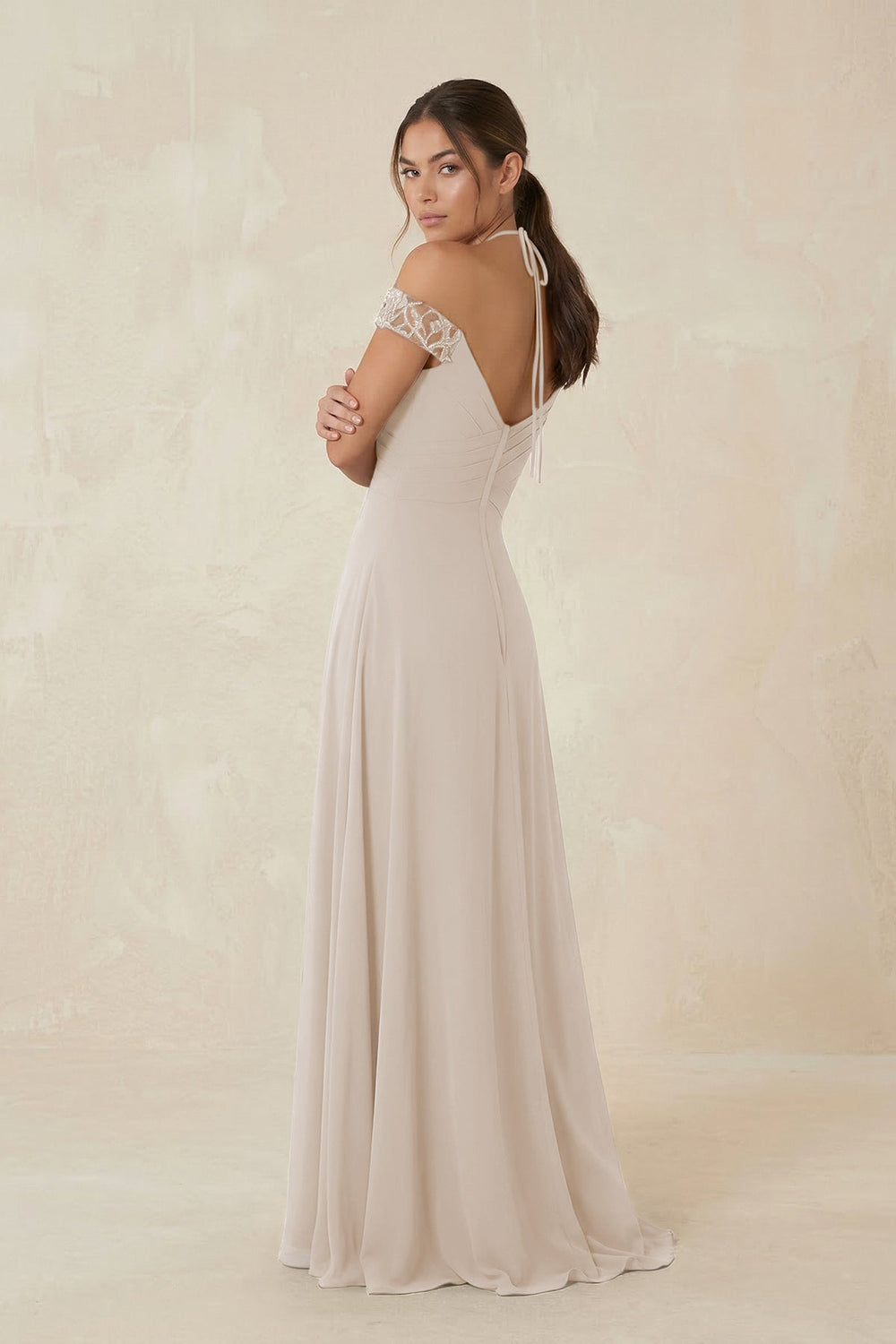 A-Line Off-the-Shoulder Chiffon Bridesmaid Dress in Frost - KissProm BRIDESMAID DRESSES