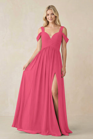 Chiffon A-Line Bridesmaid Dress with Slit  in Fuchsia - KissProm BRIDESMAID DRESSES