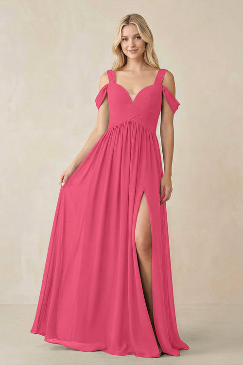 Chiffon A-Line Bridesmaid Dress with Slit  in Fuchsia - KissProm BRIDESMAID DRESSES