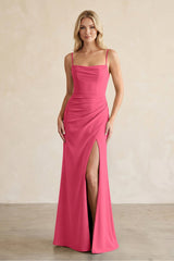 Cami Strap Chiffon Sheath Bridesmaid Dress with Slit in Fuchsia - KissProm BRIDESMAID DRESSES