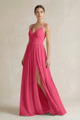 A-Line Spaghetti Strap Chiffon Bridesmaid Dress in Fuchsia - KissProm BRIDESMAID DRESSES