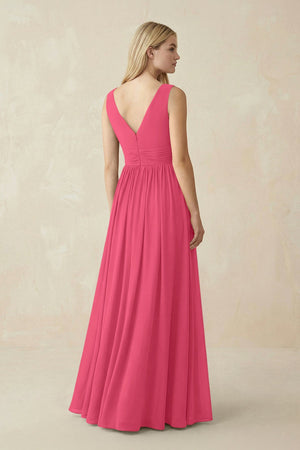 V-Neck Chiffon Pleated A-Line Bridesmaid Dress in Fuchsia - KissProm BRIDESMAID DRESSES