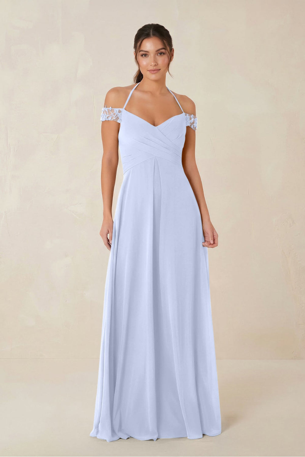 A-Line Off-the-Shoulder Chiffon Bridesmaid Dress in Ice - KissProm BRIDESMAID DRESSES