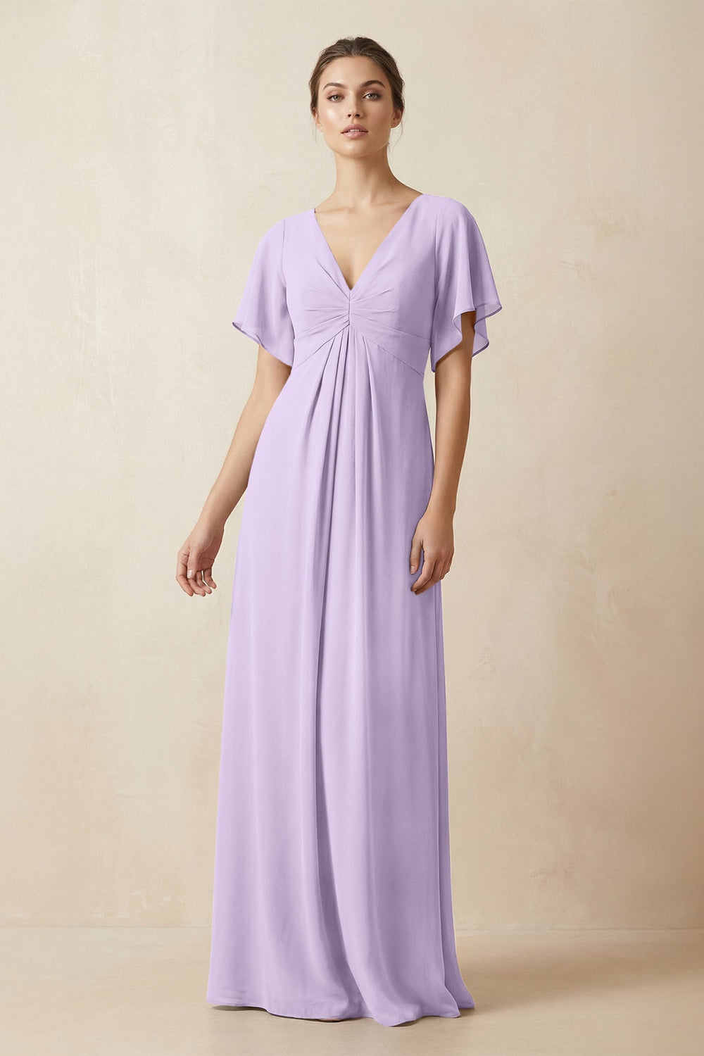 Short Sleeve V-Neck Chiffon A-Line Bridesmaid Dress in Lavender - KissProm BRIDESMAID DRESSES
