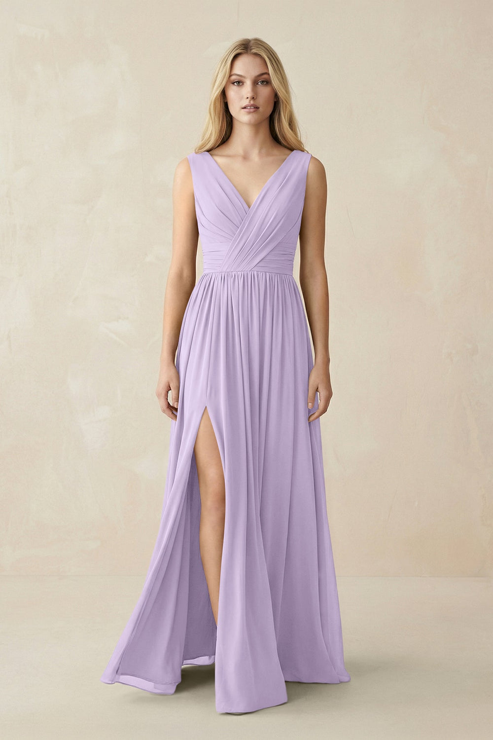 V-Neck Chiffon Pleated A-Line Bridesmaid Dress in Lavender - KissProm BRIDESMAID DRESSES
