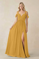 Chiffon A-Line Bridesmaid Dress with Slit  in Marigold - KissProm BRIDESMAID DRESSES