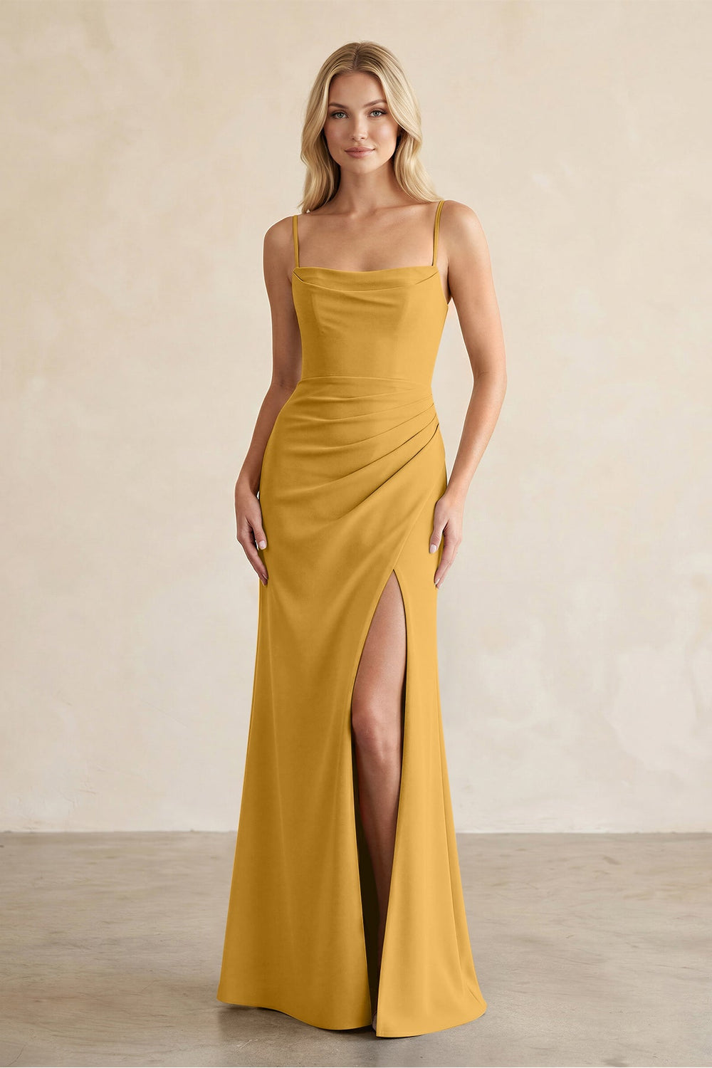 Cami Strap Chiffon Sheath Bridesmaid Dress with Slit in Marigold - KissProm BRIDESMAID DRESSES