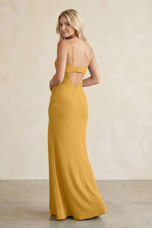 Cami Strap Chiffon Sheath Bridesmaid Dress with Slit in Marigold - KissProm BRIDESMAID DRESSES