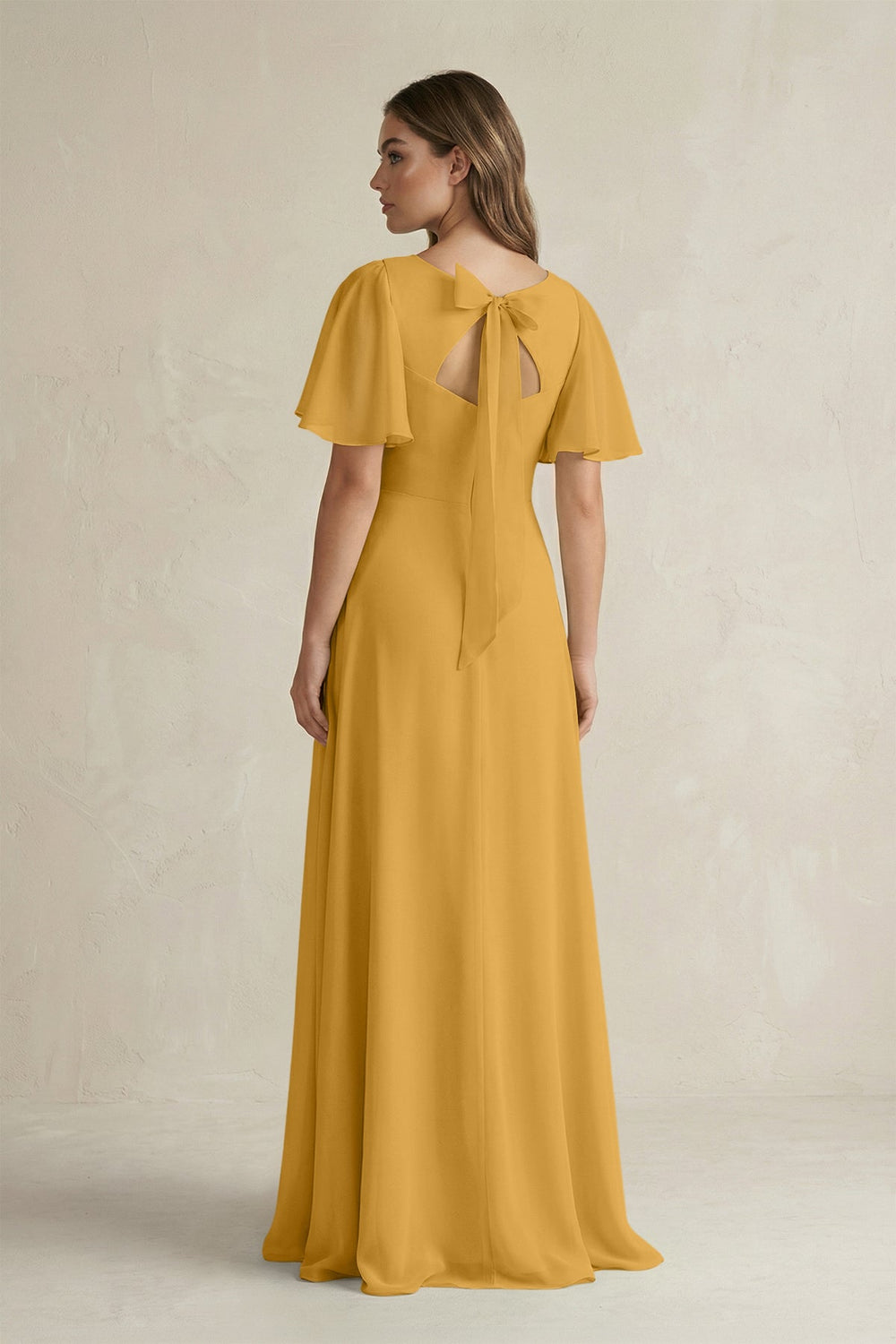 Flutter Sleeve V-Neck A-Line Chiffon Bridesmaid Dress in Marigold