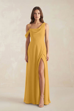 One-Shoulder Chiffon A-Line Bridesmaid Dress in Marigold - KissProm BRIDESMAID DRESSES