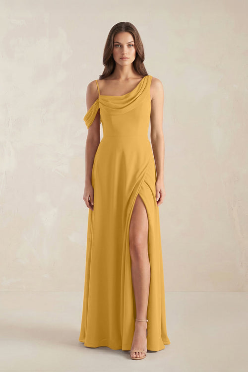 One-Shoulder Chiffon A-Line Bridesmaid Dress in Marigold - KissProm BRIDESMAID DRESSES