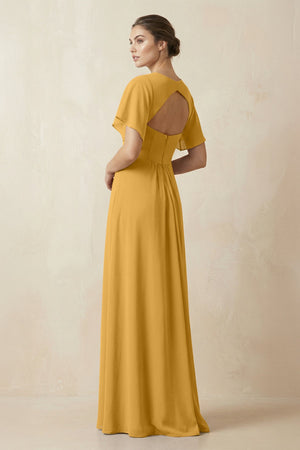 Short Sleeve V-Neck Chiffon A-Line Bridesmaid Dress in Marigold - KissProm BRIDESMAID DRESSES
