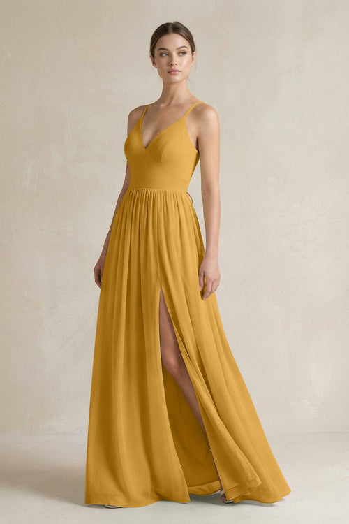 A-Line Spaghetti Strap Chiffon Bridesmaid Dress in Marigold - KissProm BRIDESMAID DRESSES