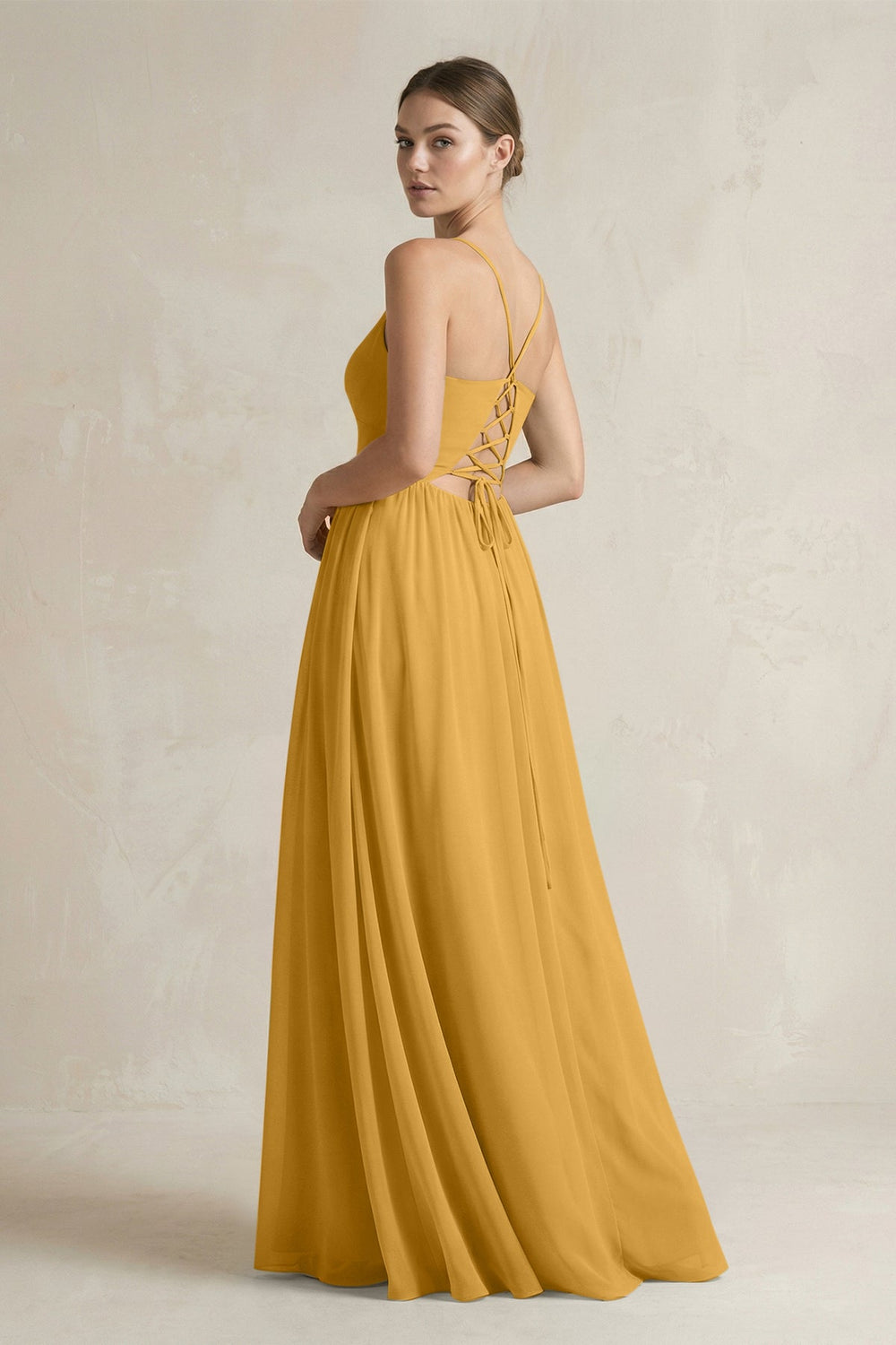 A-Line Spaghetti Strap Chiffon Bridesmaid Dress in Marigold - KissProm BRIDESMAID DRESSES