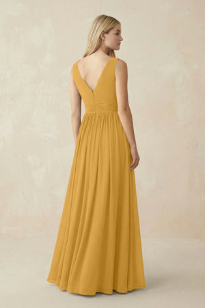 V-Neck Chiffon Pleated A-Line Bridesmaid Dress in Marigold - KissProm BRIDESMAID DRESSES