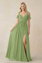 Chiffon A-Line Bridesmaid Dress with Slit  in Matcha - KissProm BRIDESMAID DRESSES