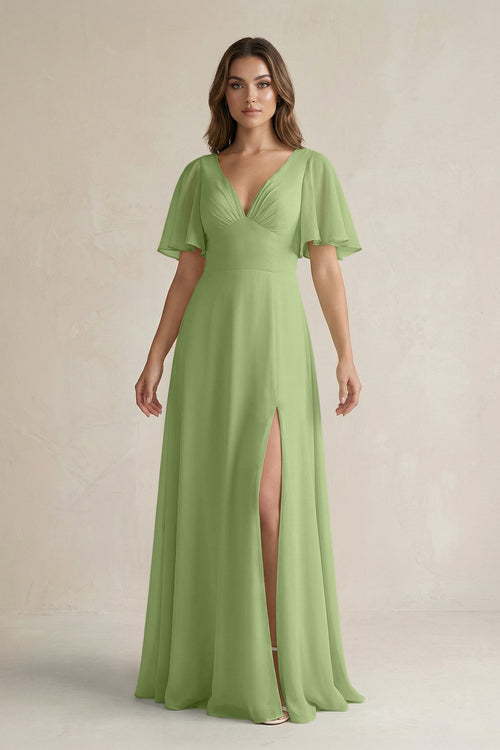 Flutter Sleeve V-Neck A-Line Chiffon Bridesmaid Dress in Matcha