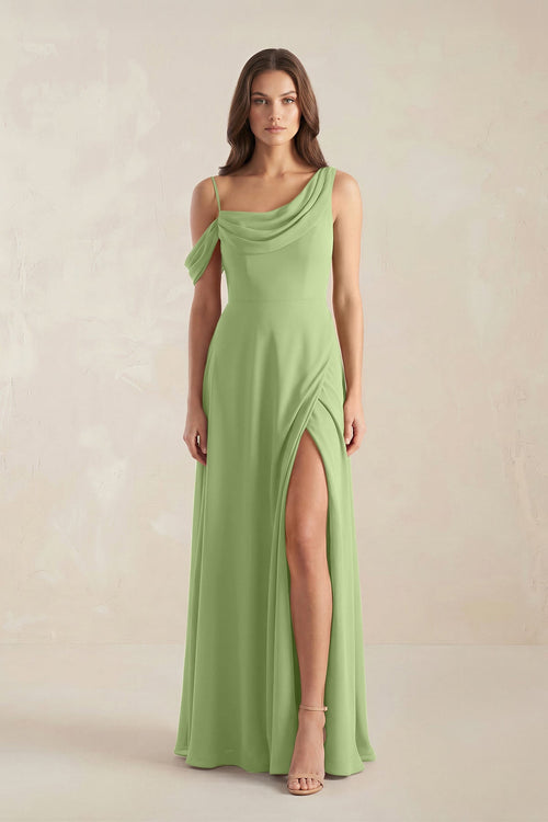 KissProm One-Shoulder Chiffon A-Line Bridesmaid Dress in Matcha, Matcha / 14