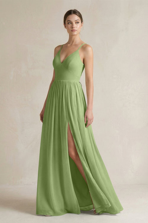 A-Line Spaghetti Strap Chiffon Bridesmaid Dress in Matcha - KissProm BRIDESMAID DRESSES