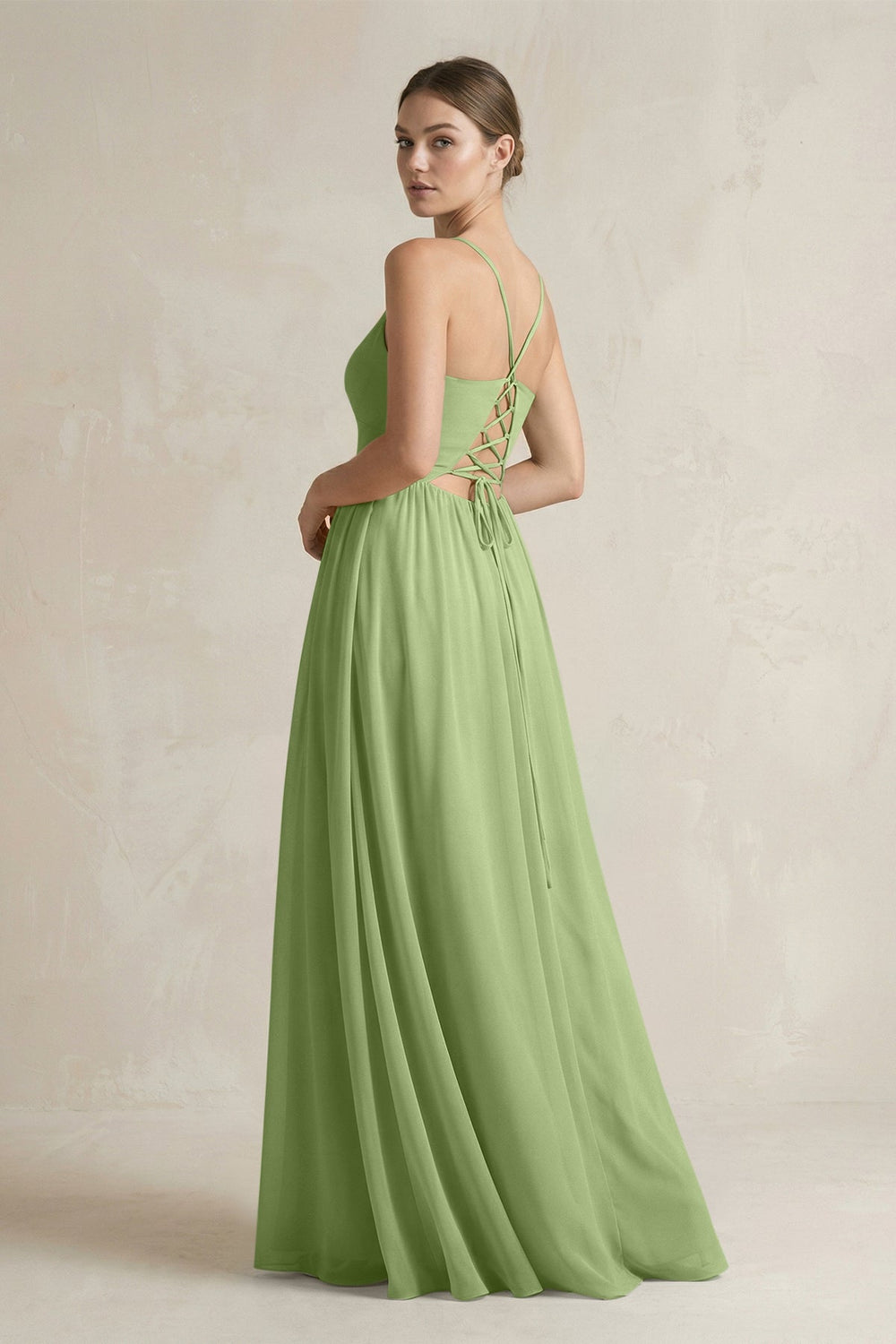 A-Line Spaghetti Strap Chiffon Bridesmaid Dress in Matcha - KissProm BRIDESMAID DRESSES