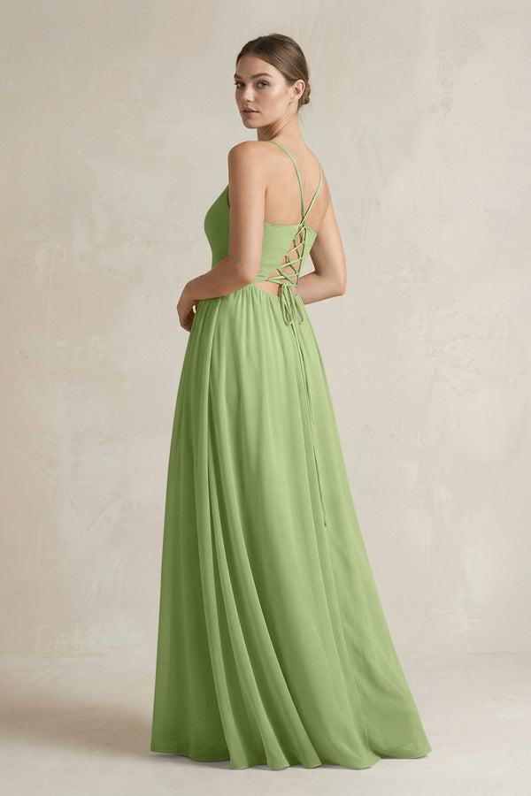 A-Line Spaghetti Strap Chiffon Bridesmaid Dress in Matcha - KissProm BRIDESMAID DRESSES
