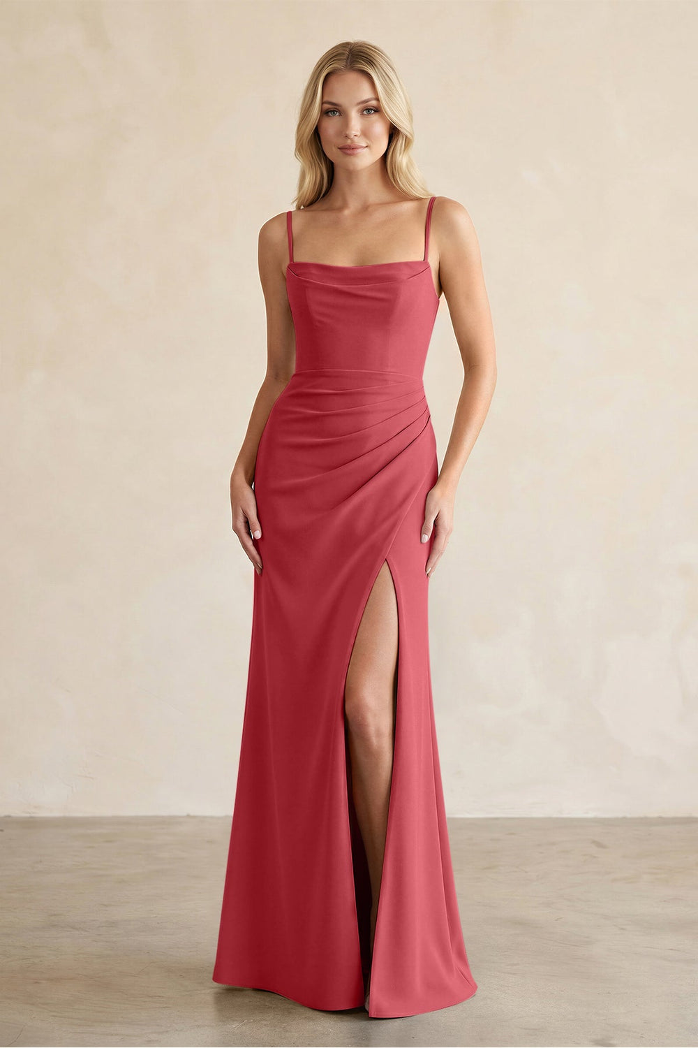 Cami Strap Chiffon Sheath Bridesmaid Dress with Slit in Merlot - KissProm BRIDESMAID DRESSES