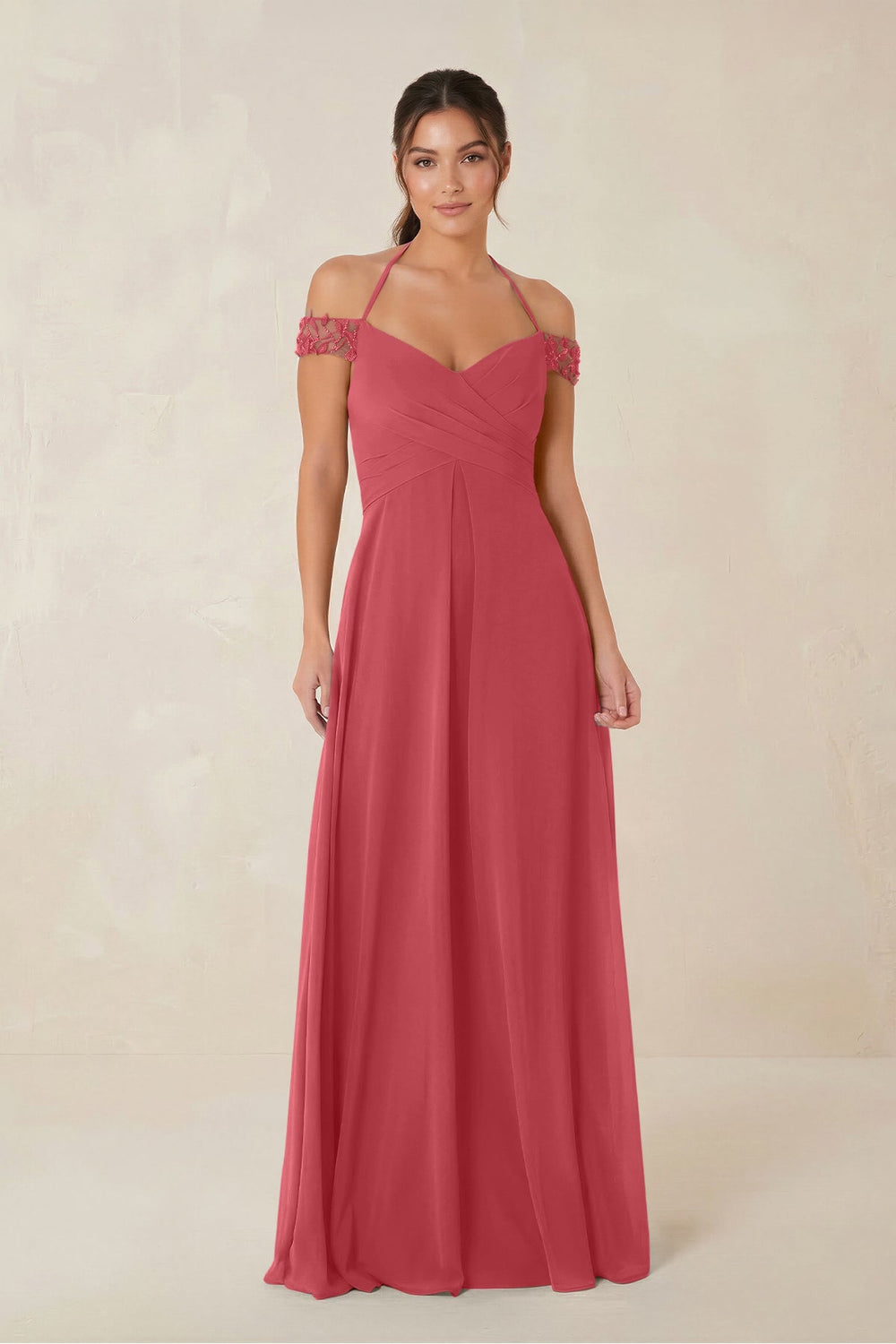 A-Line Off-the-Shoulder Chiffon Bridesmaid Dress in Merlot - KissProm BRIDESMAID DRESSES
