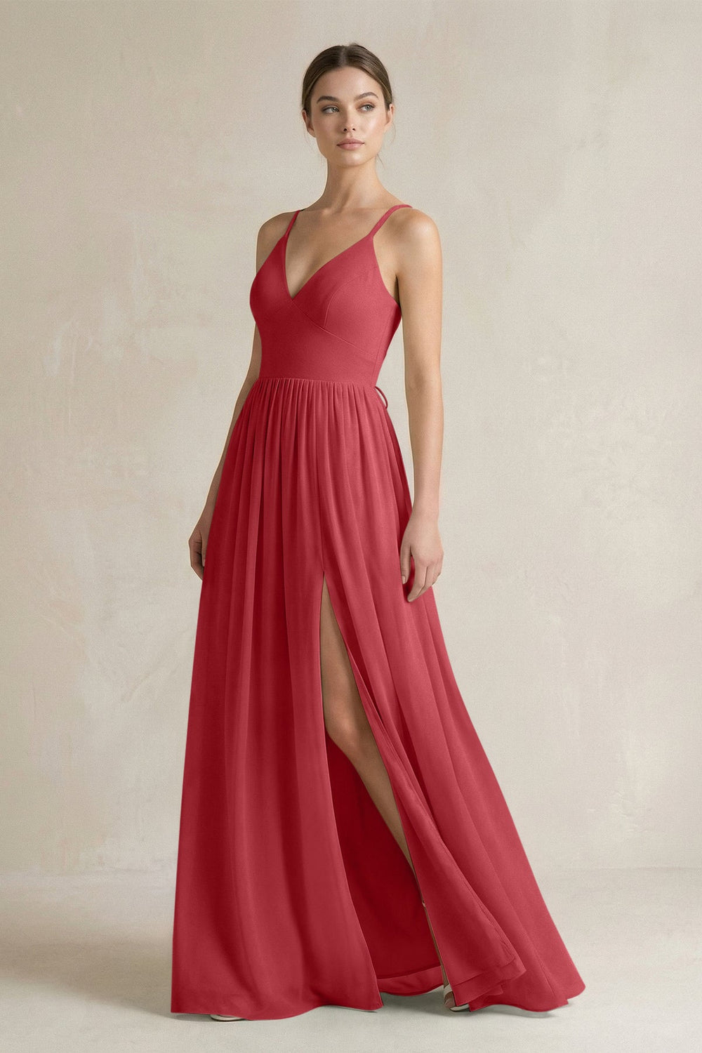 A-Line Spaghetti Strap Chiffon Bridesmaid Dress in Merlot - KissProm BRIDESMAID DRESSES