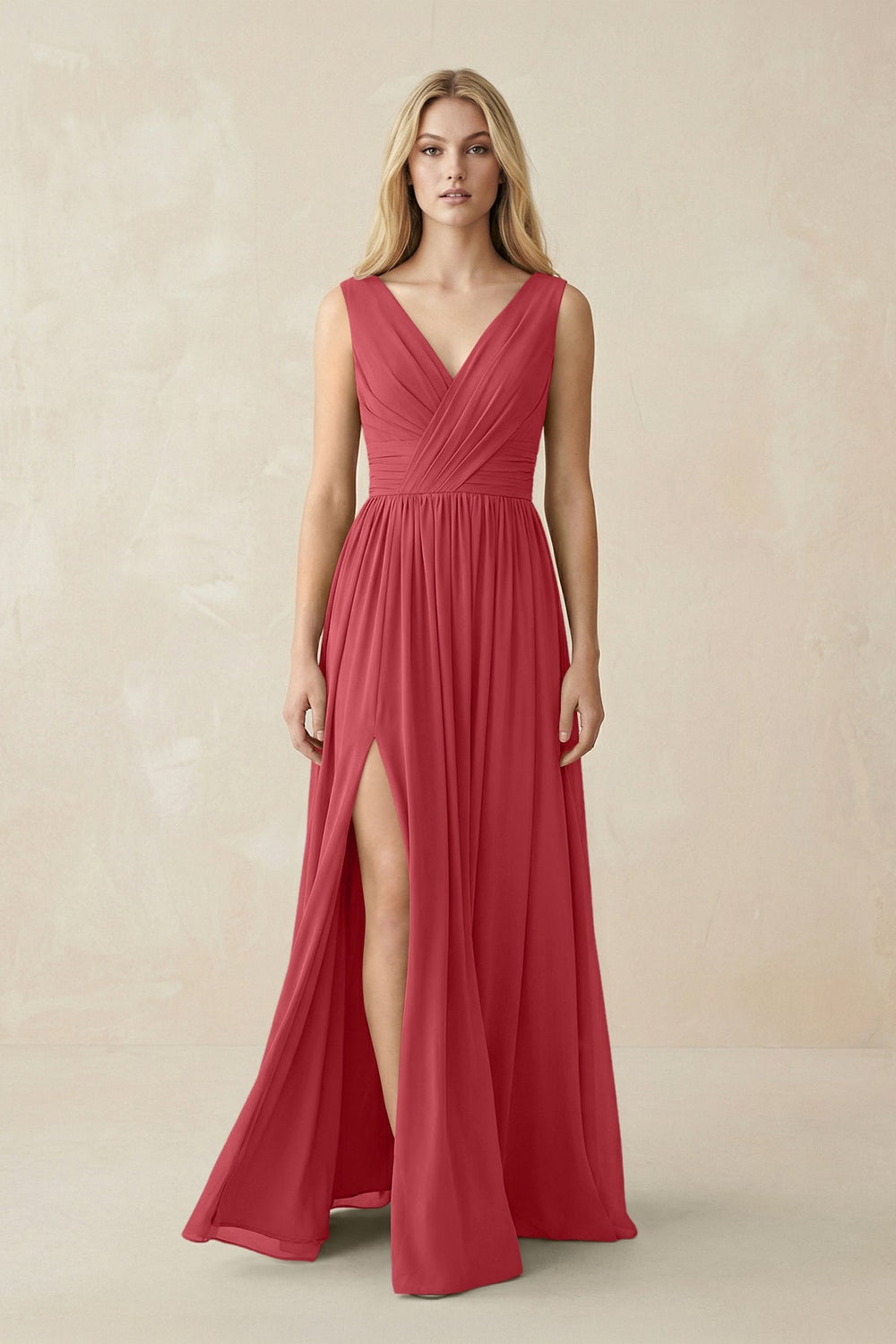 V-Neck Chiffon Pleated A-Line Bridesmaid Dress in Merlot - KissProm BRIDESMAID DRESSES