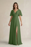 Flutter Sleeve V-Neck A-Line Chiffon Bridesmaid Dress in Moss