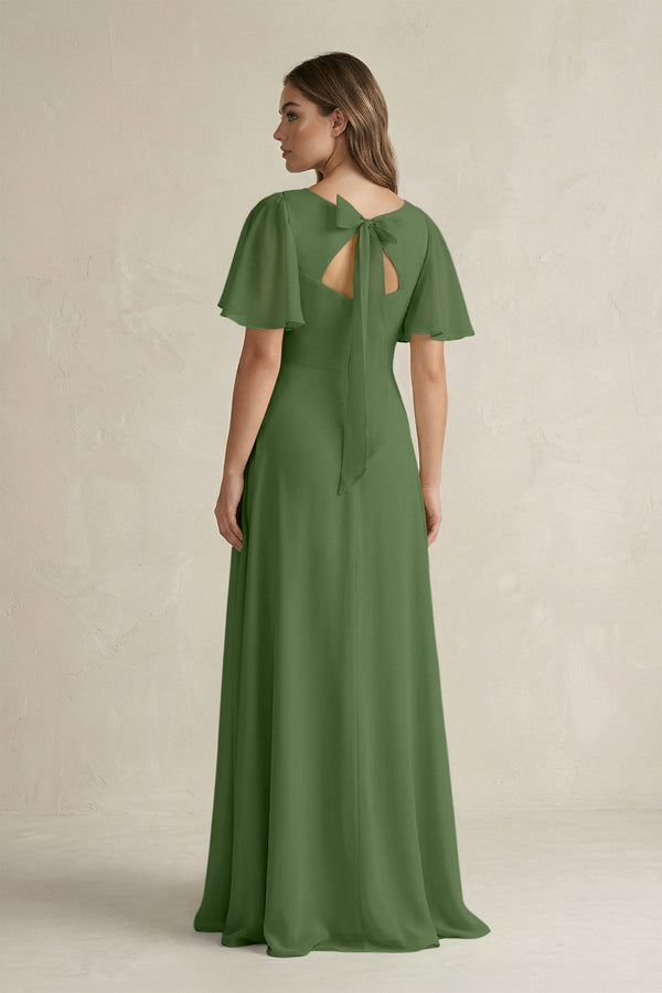 Flutter Sleeve V-Neck A-Line Chiffon Bridesmaid Dress in Moss
