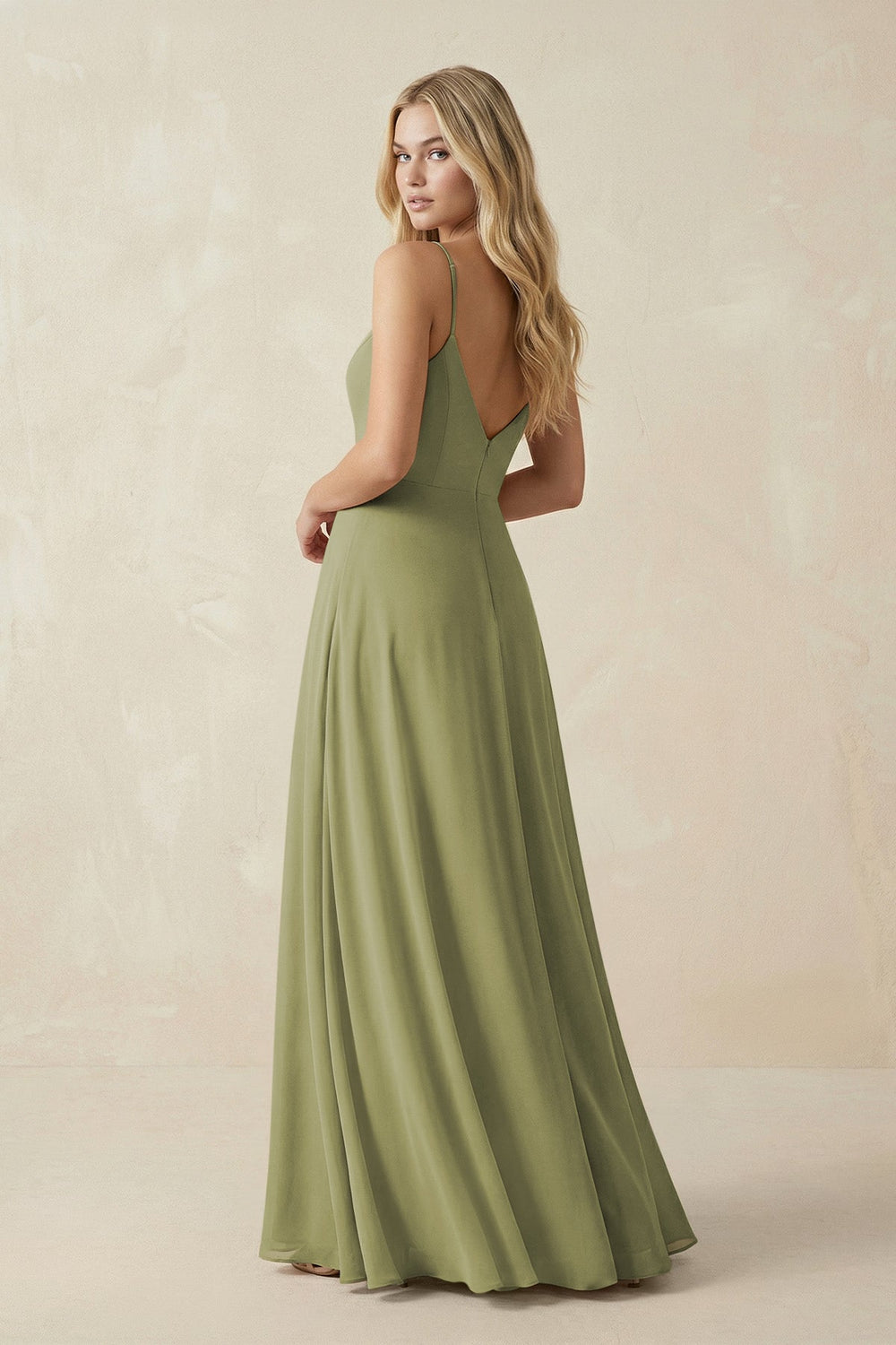 Cami Strap A-Line Chiffon Bridesmaid Dress with Slit in Moss Green - KissProm BRIDESMAID DRESSES