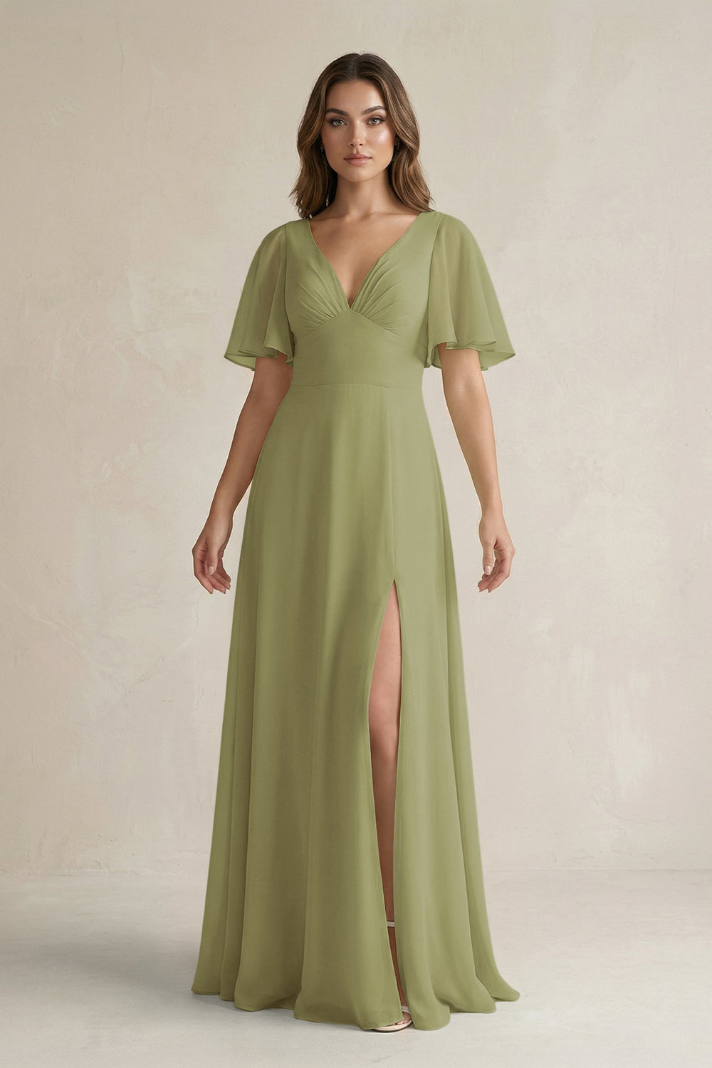 Flutter Sleeve V-Neck A-Line Chiffon Bridesmaid Dress in Moss Green