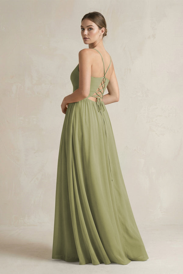 KissProm A-Line Spaghetti Strap Chiffon Bridesmaid Dress in Moss Green, Moss Green / 10