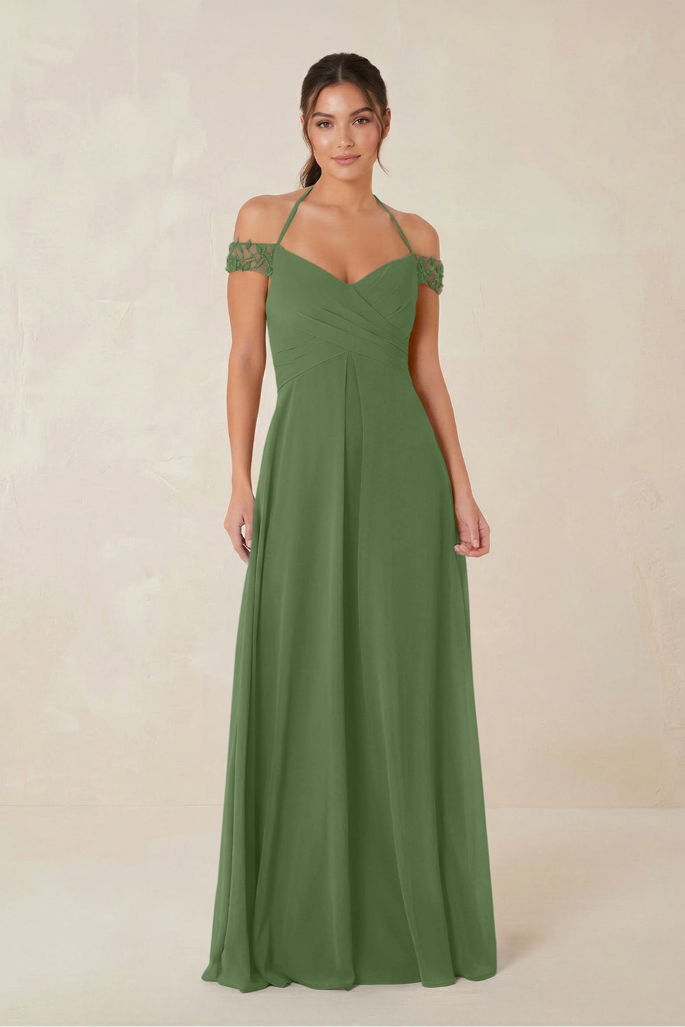 A-Line Off-the-Shoulder Chiffon Bridesmaid Dress in Moss - KissProm BRIDESMAID DRESSES