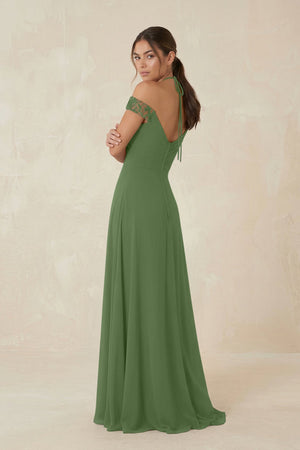 A-Line Off-the-Shoulder Chiffon Bridesmaid Dress in Moss - KissProm BRIDESMAID DRESSES