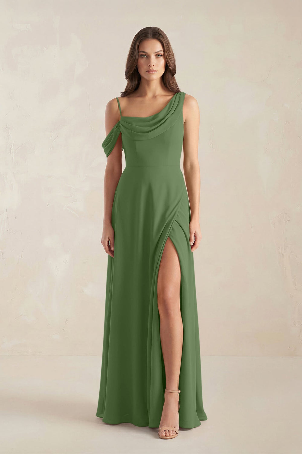One-Shoulder Chiffon A-Line Bridesmaid Dress in Moss - KissProm BRIDESMAID DRESSES