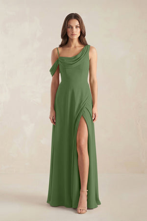 One-Shoulder Chiffon A-Line Bridesmaid Dress in Moss - KissProm BRIDESMAID DRESSES
