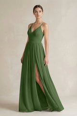 A-Line Spaghetti Strap Chiffon Bridesmaid Dress in Moss - KissProm BRIDESMAID DRESSES