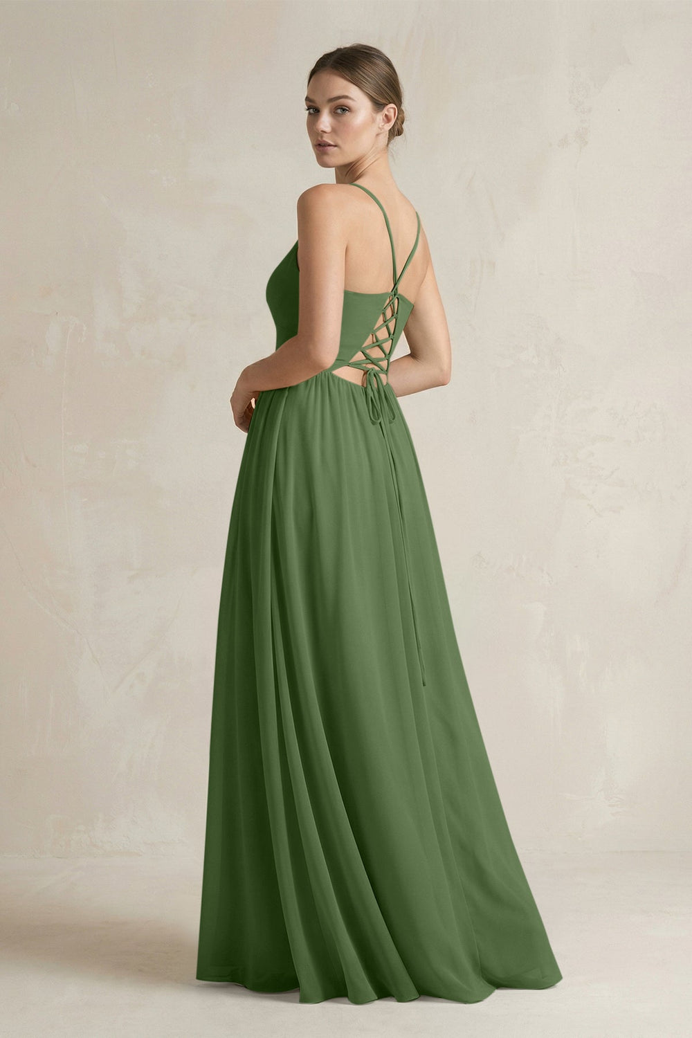A-Line Spaghetti Strap Chiffon Bridesmaid Dress in Moss - KissProm BRIDESMAID DRESSES