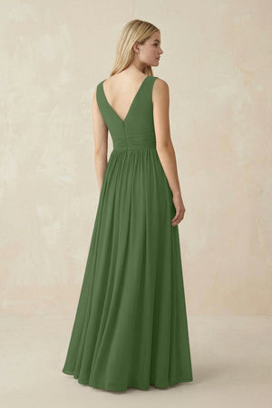 V-Neck Chiffon Pleated A-Line Bridesmaid Dress in Moss - KissProm BRIDESMAID DRESSES