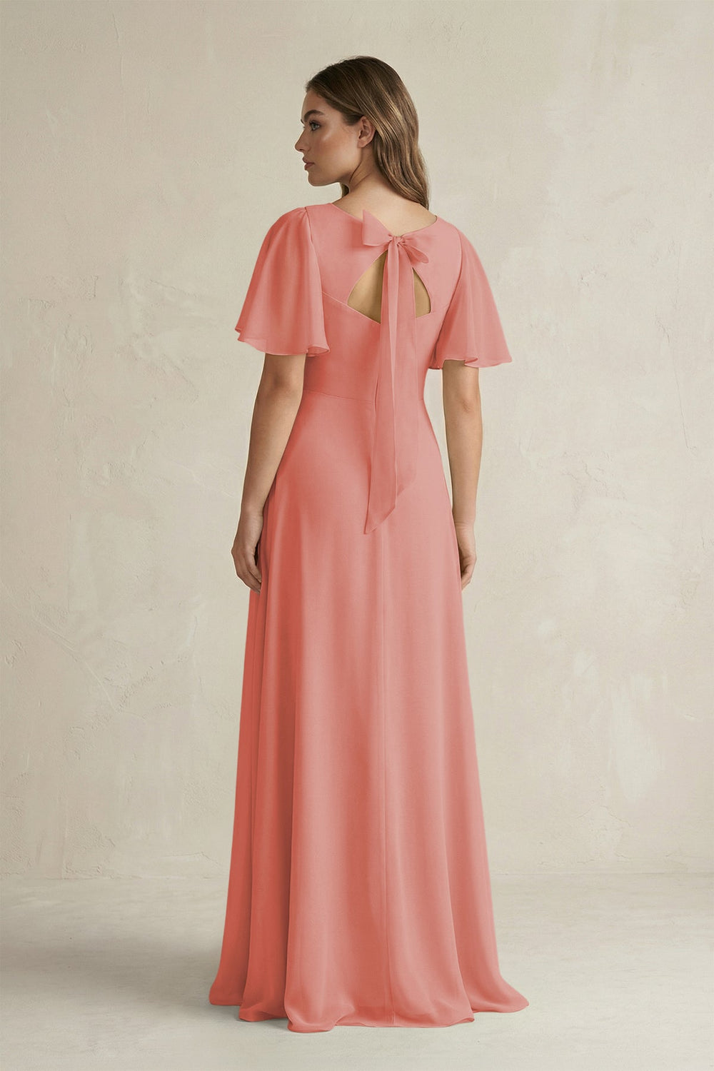 Flutter Sleeve V-Neck A-Line Chiffon Bridesmaid Dress in Mulberry
