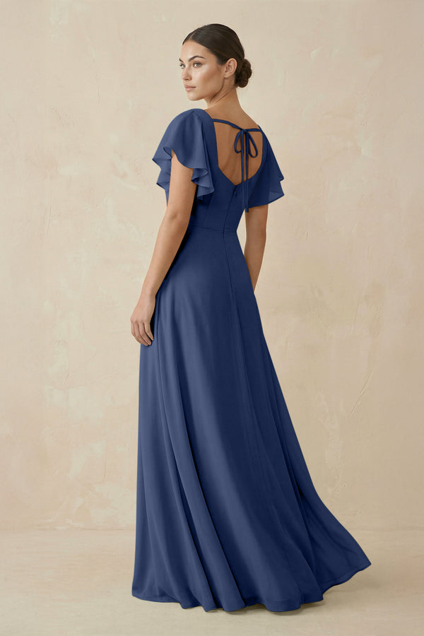 Chiffon A-Line Long Bridesmaid Dress with Flutter Sleeves in Navy, Navy / 4