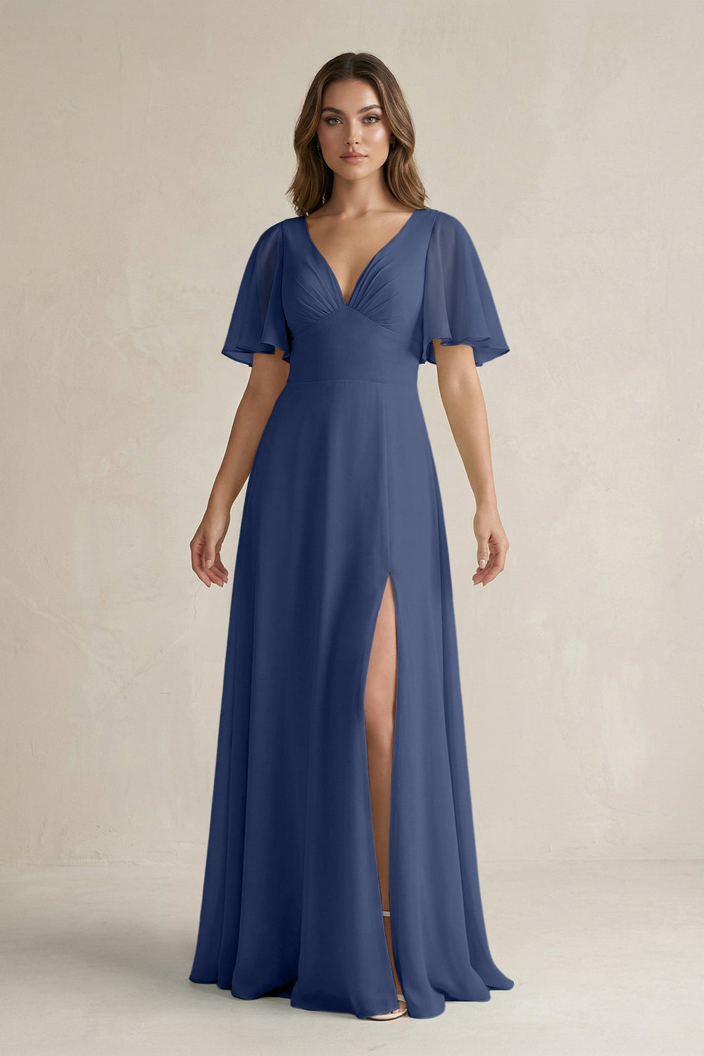 Flutter Sleeve V-Neck A-Line Chiffon Bridesmaid Dress in Navy
