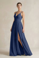 A-Line Spaghetti Strap Chiffon Bridesmaid Dress in Navy - KissProm BRIDESMAID DRESSES